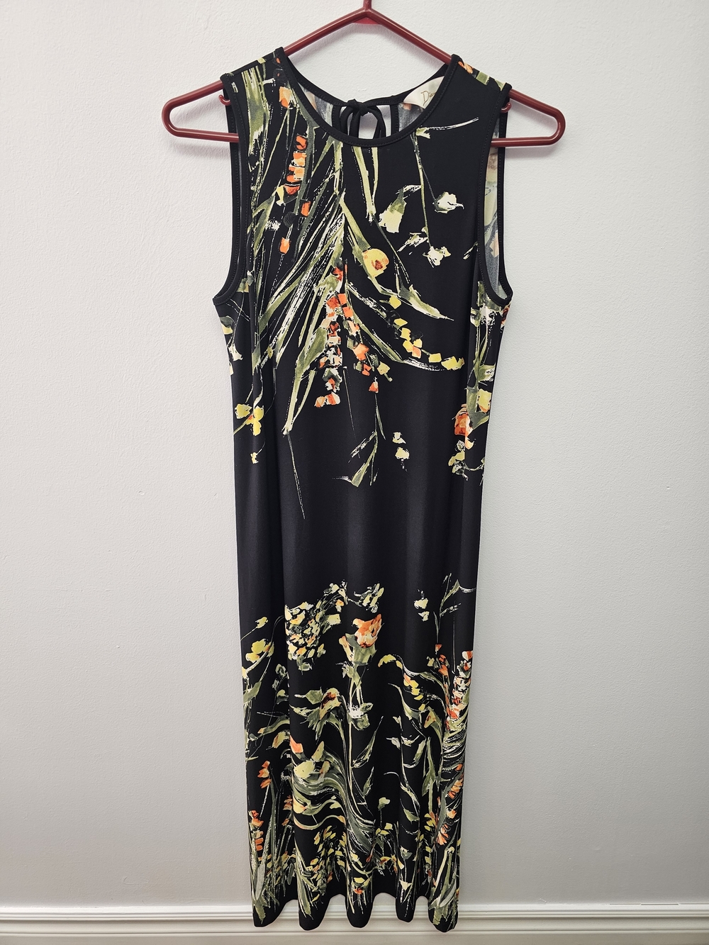 Black Maxi Dress with Green & Orange Botanical Print